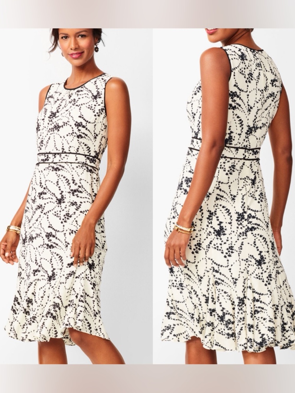 Talbots Floral Flounce Hem Dress Size 4 Lined Cream & Black